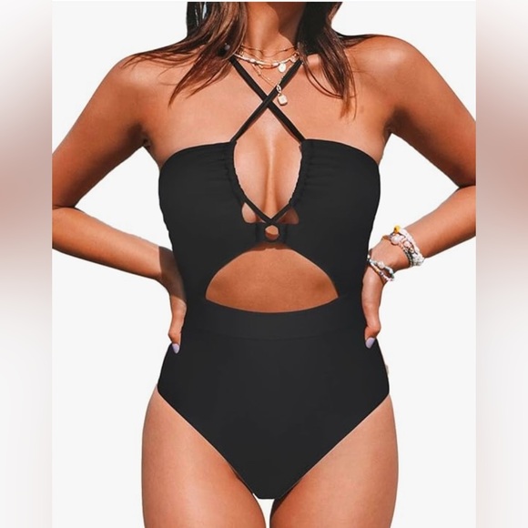 CUPSHE Women's One Piece Swimsuit Plunge Neckline Cutout Criss Cross Bathing S - Picture 1 of 6